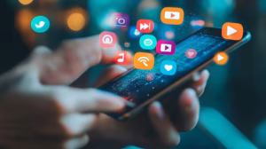 Teenager using a smartphone with blurred social media icons in the background