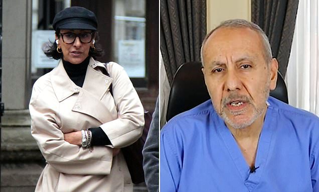 Split-screen image showing a woman in a light trench coat and glasses on the left, and a man in medical scrubs seated indoors on the right.