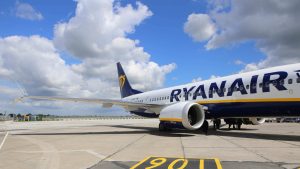 Ryanair Boeing 737 aircraft taxiing on the runway at an airport.