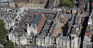 Aerial view of the Royal Courts of Justice in London, the heart of UK commercial litigation