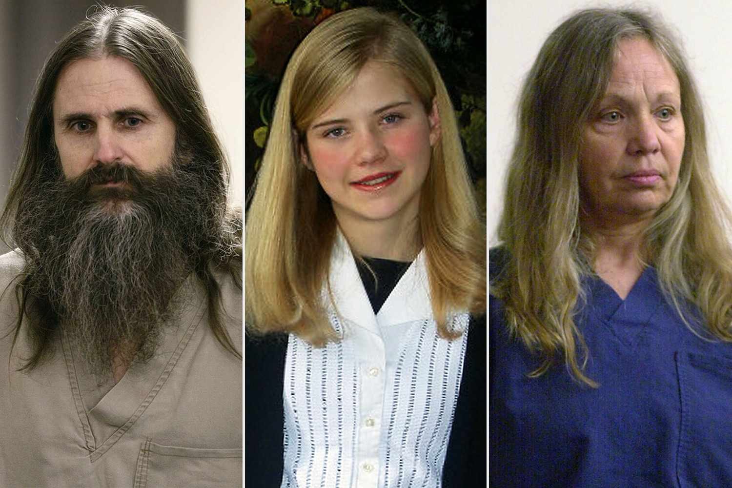 Three archival images show a bearded man in a prison uniform, a teenage girl from the early 2000s, and an older woman in a courtroom setting.