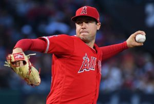 Tyler Skaggs pitching for the Los Angeles Angels during a Major League Baseball game