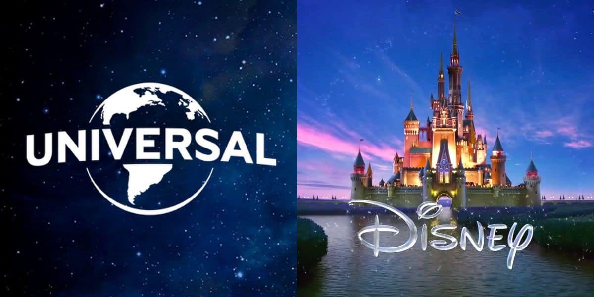 Logos of Universal Pictures and The Walt Disney Company side by side &mdash; Universal&rsquo;s globe logo on a starry blue background, and Disney&rsquo;s illuminated castle logo at sunset.