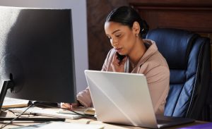office phone call, notebook and woman writing notes for legal investment, law firm attorney or government justice contact. receptionist conversation, business consultant talking and lawyer consulting