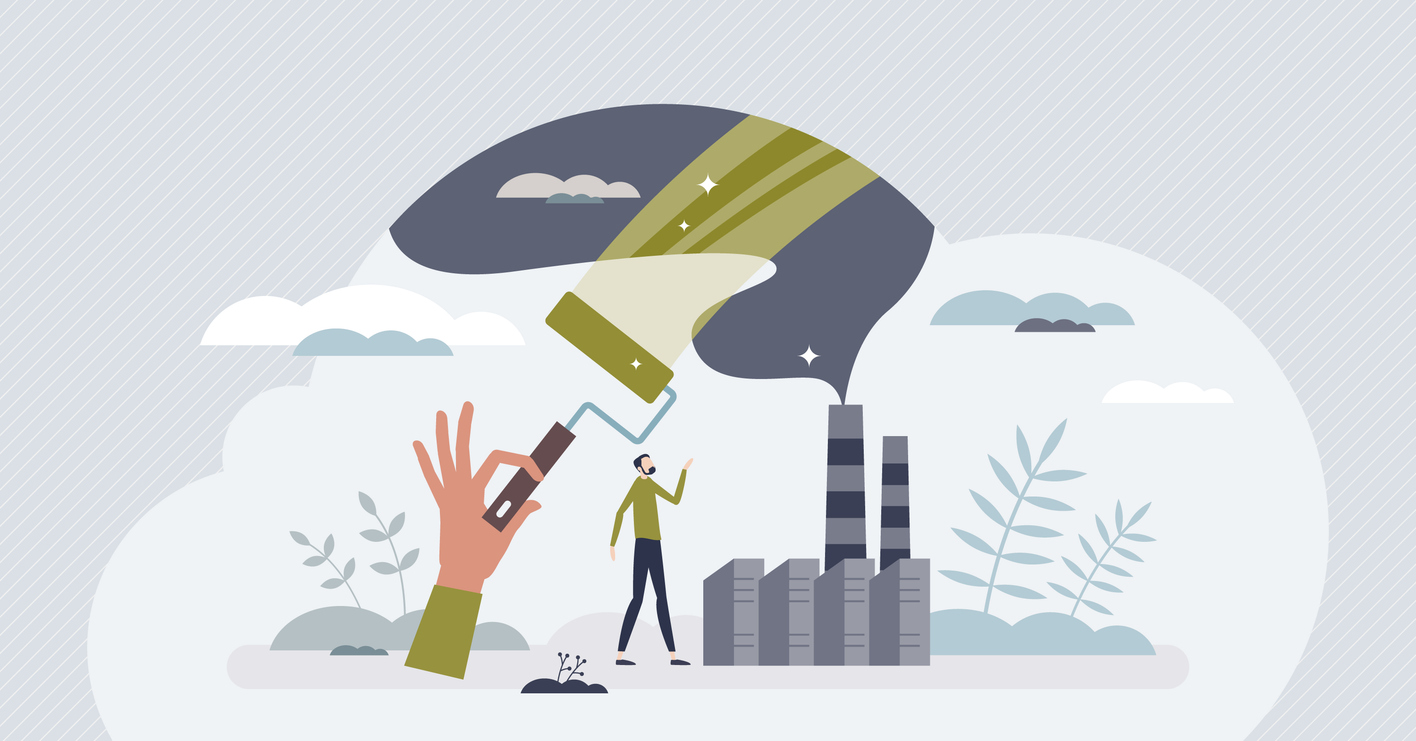 greenwashing disinformation with company fake marketing tiny person concept