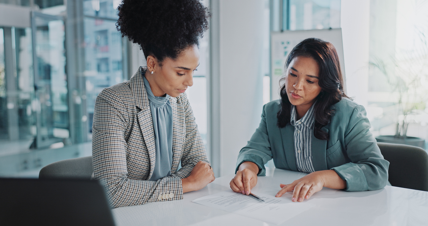 business woman, meeting and contract or paperwork for onboarding, negotiation and nda documents at agency. marketer, candidate or clients with print information, policy and signature for opportunity