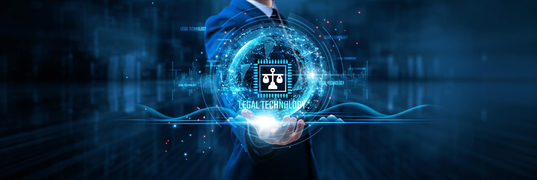 legal technology: businessman holds legal technology on global structure network and digital case management, e discovery solutions, virtual legal consultations, automated contract analysis.