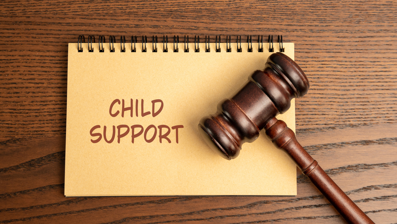 notes child support. legal obligation for a non custodial parent to provide financial assistance for their child's upbringing. inscription and gavel. law, rules and judgement