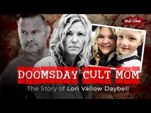 Lori Vallow Daybell and Chad Daybell with red &ldquo;Doomsday Cult Mom&rdquo; headline and photos of her children, Tylee Ryan and JJ Vallow, in a true crime documentary graphic.