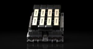 Nvidia high-performance AI accelerator modules mounted in a data-center compute system.