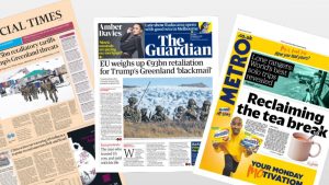 UK newspaper front pages including the Financial Times, Guardian and Metro highlighting major political and social stories