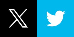 Split image showing the X logo and the former Twitter bird logo