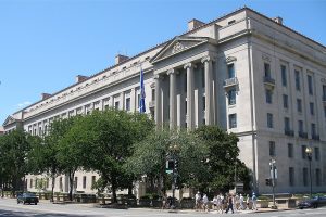 US Department of Justice building in Washington DC during federal legal proceedings