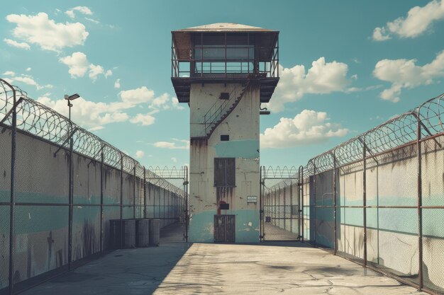 Prison watchtower and perimeter fencing at a correctional facility