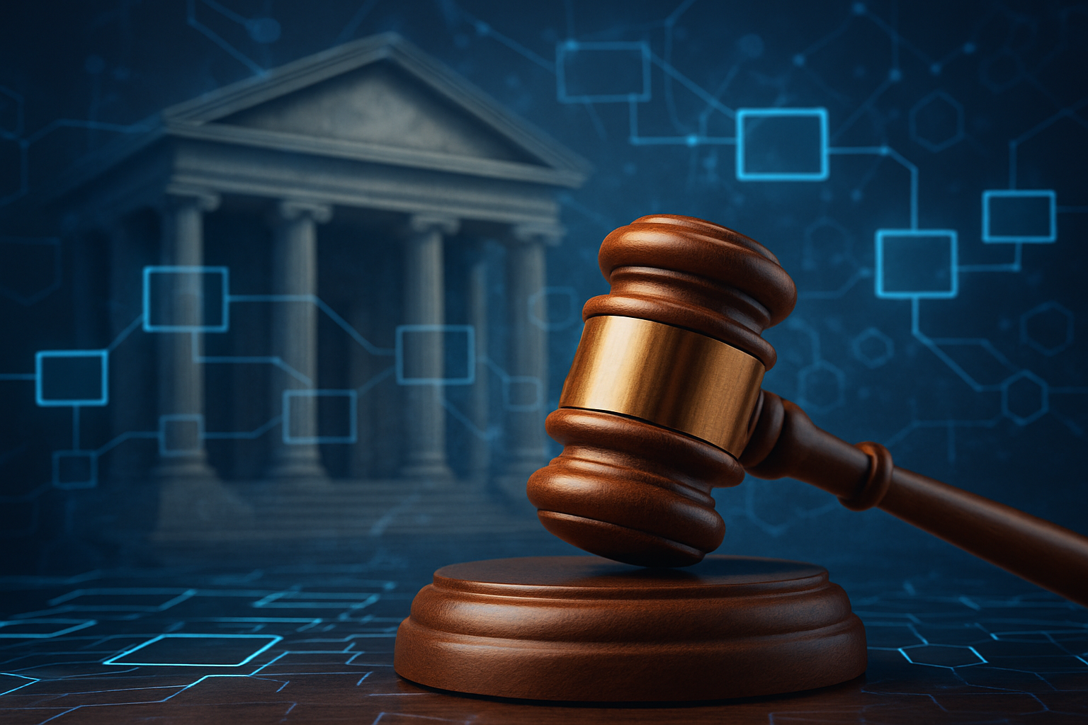 A gavel or courthouse overlaid on a blockchain background.