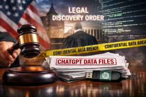 Judge&rsquo;s gavel over ChatGPT data files with NYC skyline and confidential breach tape, symbolizing federal discovery litigation