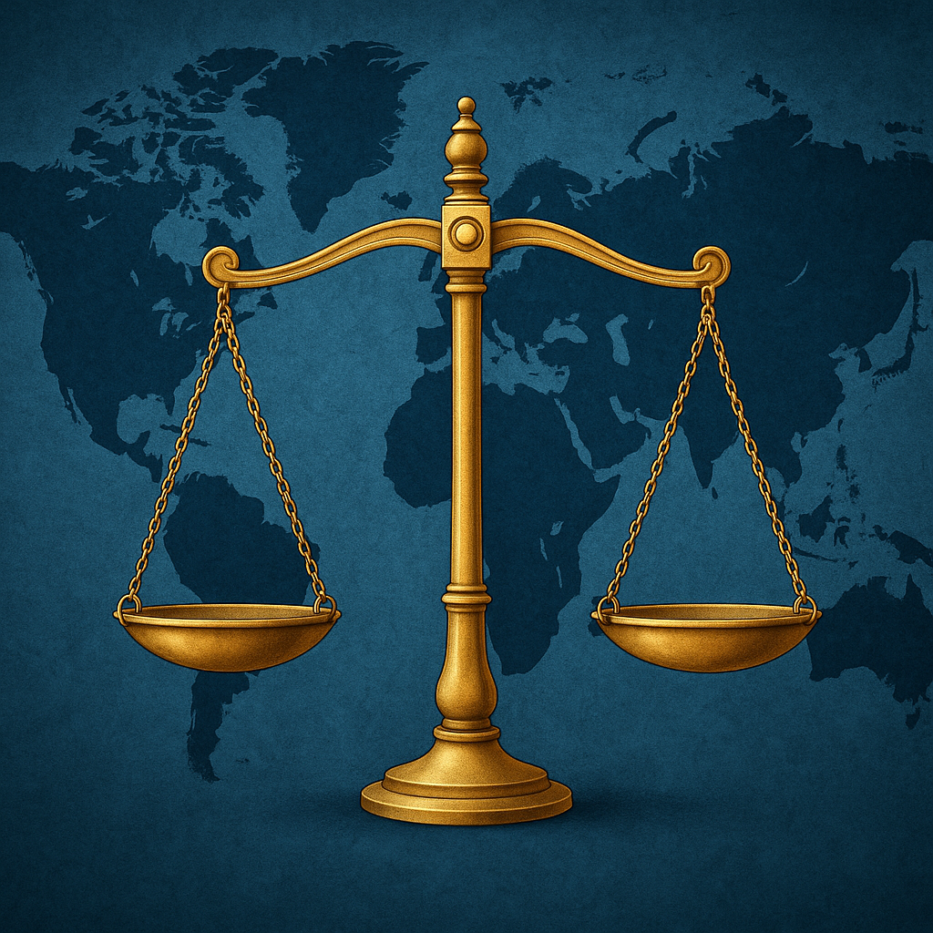 Scales of justice overlaid on a world map representing international law and extradition.