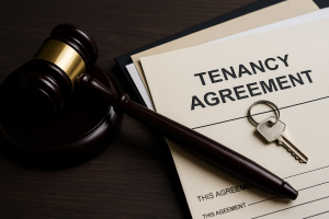 Judge&rsquo;s gavel resting beside tenancy agreements and a house key on a legal desk, symbolizing rent repayment order litigation in England and Wales.