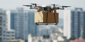 Delivery drone carrying a package over an urban area