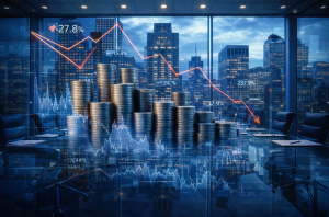 Empty modern law firm boardroom overlooking a city skyline, symbolizing declining valuations and structural change in 2026